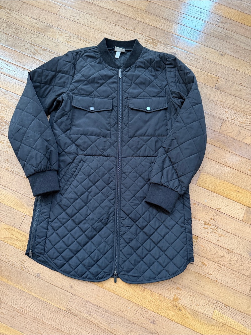 Zella Black Quilted Long Bomber Jacket size Medium